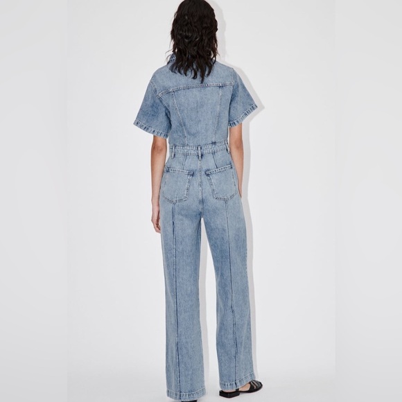 Zara Denim Short Sleeve Wide Leg Jean Jumpsuit Size Small - Picture 3 of 15